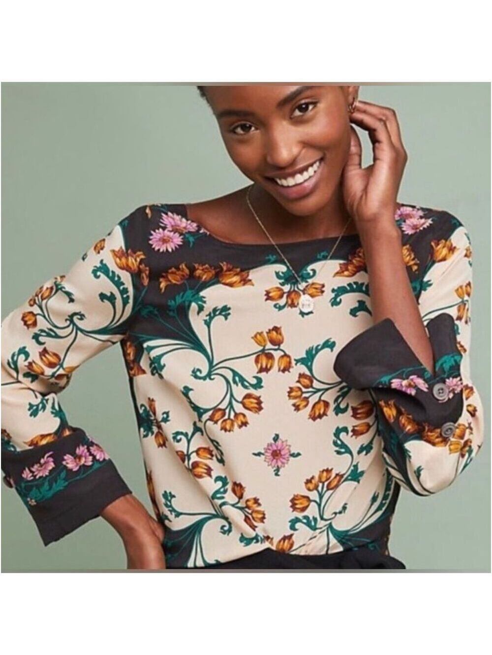 Maeve Women's Navy/Creme and Floral Pattern Long Sleeve Blouse Size 10 - Picture 2 of 7